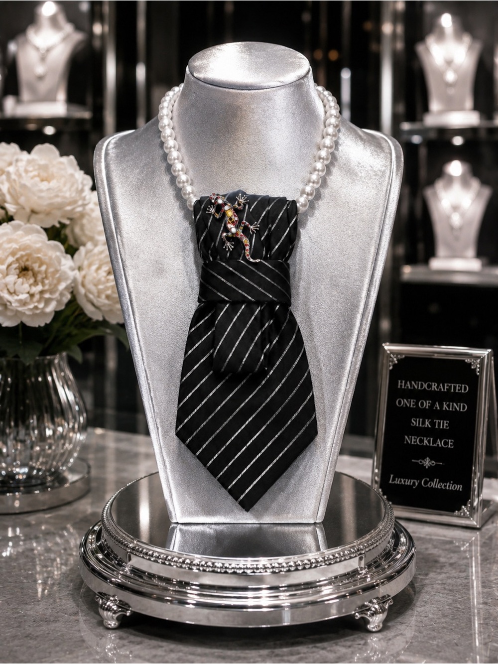 One of a Kind Handcrafted Black Gray Tie Necklace Pearl Wearable Art Statement